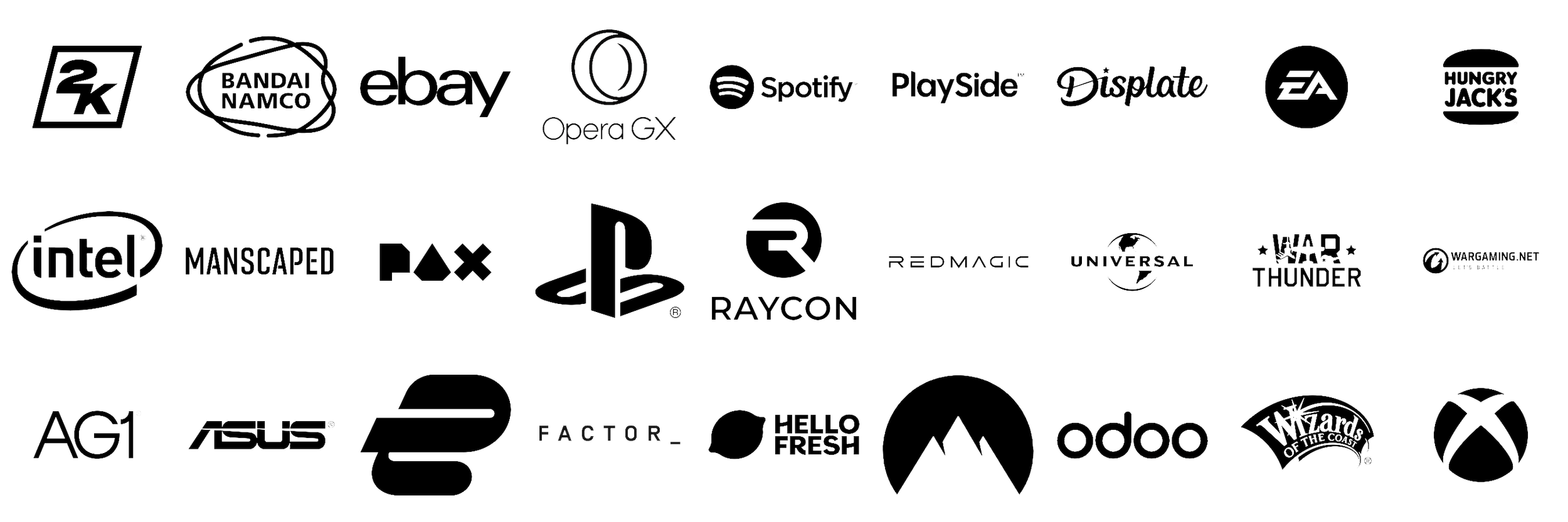 Brand partners including 2K, Bandai Namco, eBay, Spotify, EA, PlayStation, Xbox and Universal